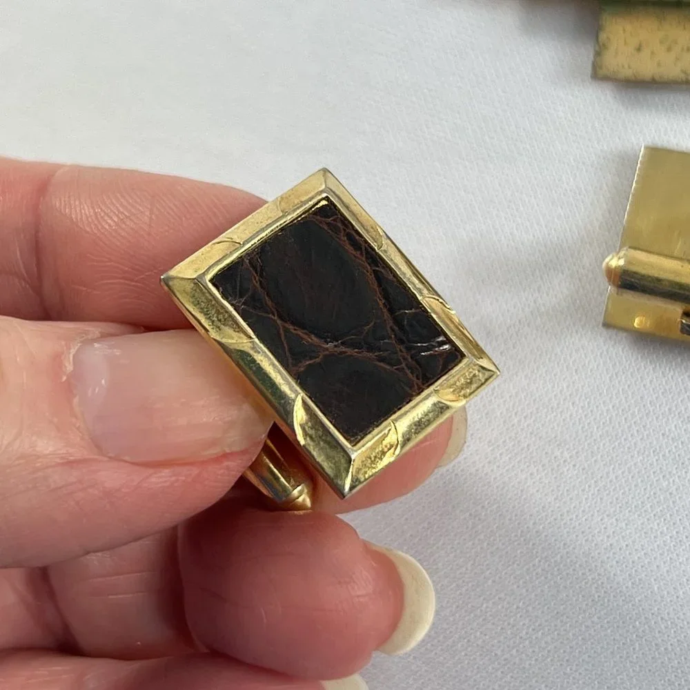 Vintage Wales Cuff Links Tie Tack Metal Textured Gold Tone Squared Leather Set